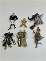 LOT OF 6 FIGURAL PINS  WITCH, CLOWN, PRINCESS