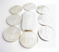 Eight Silver Eagle 1 oz Coins and 5 oz Silver Bar