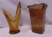 Lot of 2 Amber Colored Glass Vases Tallest Is 11"