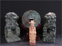 PAIR ORIENTAL FOO DOGS, FIGURE & DISC ON STAND