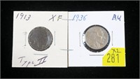 2- Buffalo nickels: 1913, 1936