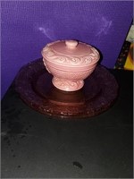 PINK DEPRESSION PLATE AND WOODPECKER COVERED BOWL