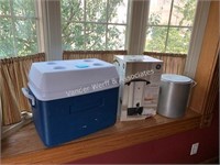 Rubbermaid cooler, GE coffee maker and stock pot