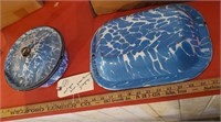 2pc blue white swirl graniteware pot w lid, basin