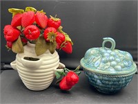 Ceramics strawberry and lidded dish flawed handle