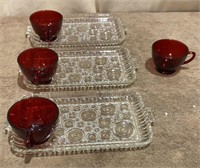 (4) Cherry Red Tea Cups and (3) Vintage Glass
