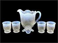 Mosser Opalescent Glass Pitcher & 4 Tumblers