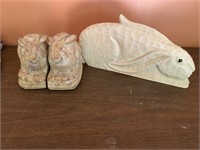 Rabbit bookends and wood rabbit signed