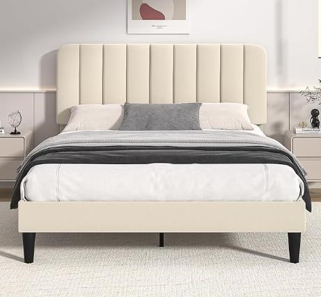 VECELO Full Size Upholstered Bed Frame, Beige