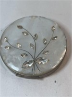 Vintage 3 Inch Bejeweled Mother of Pearl Compact