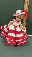 Vintage Girl Doll with Red & White Shawl Wrap
