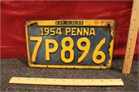 Vintage Original Pennsylvania Car Tag 1954