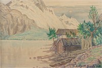 1938 Sorffjord Ornst Village Watercolor.