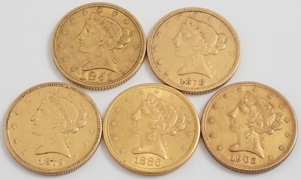 US coin lot (5) Liberty $5 Gold Half Eagles