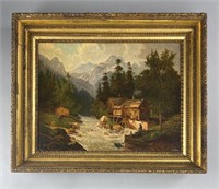 19th C. Oil Painting Romanticized Mountain Scene