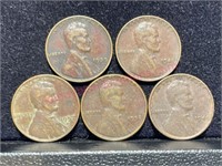 5 Old "Red tint" Wheat cents (1939-45-49-52-57D)