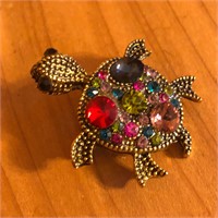 Multi Color Rhinestone Turtle Brooch Pin