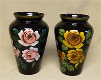 Floral Hand Painted Black Amethyst Glass Vases.