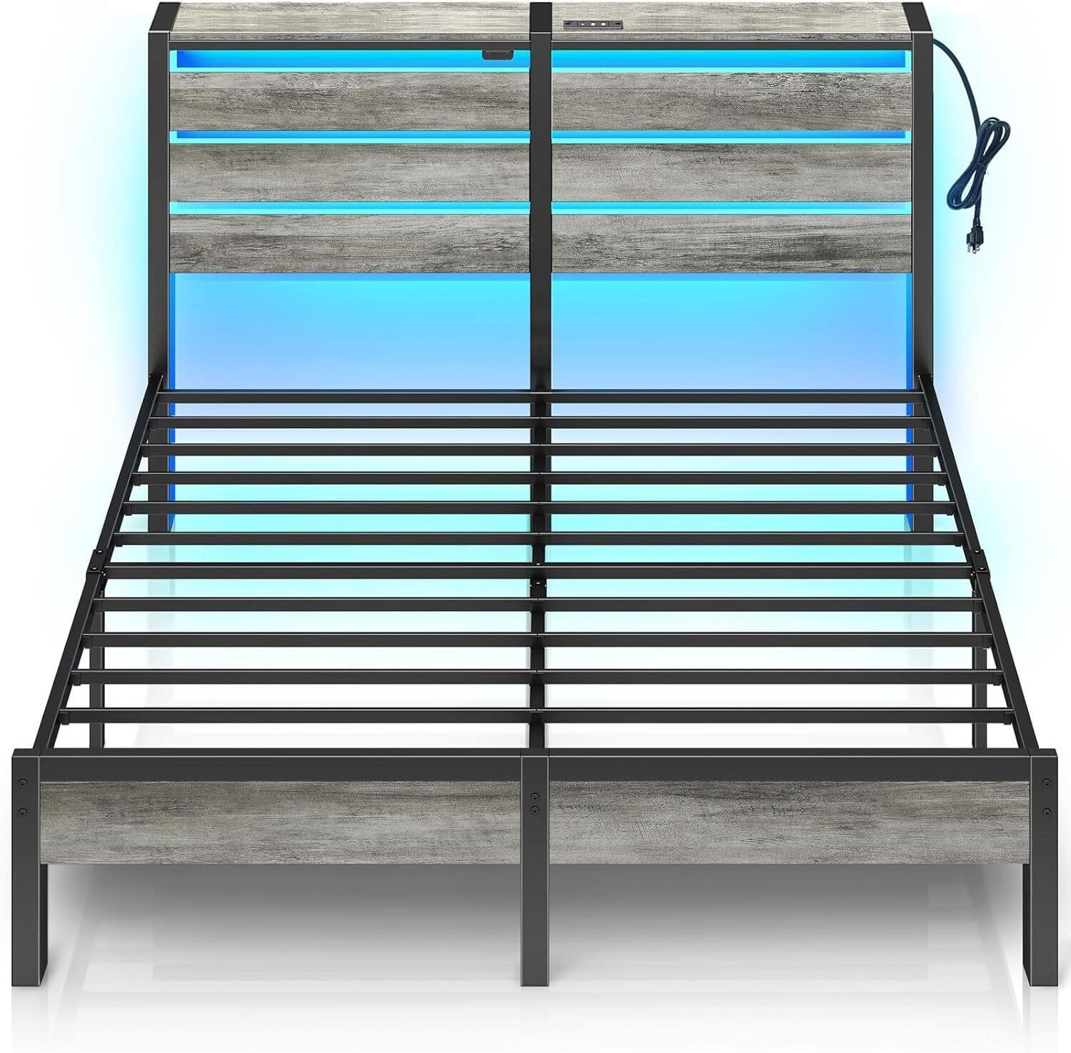 Queen Bed Frame with USB & LED - Light Grey