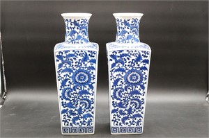 PAir 1960s Blue White Chinoiserie Vases