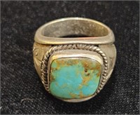 Vintage Green Truquoise Sterling Silver Mens Ring