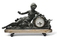 Sgd. Moreau Spelter & Marble French Mantel Clock.