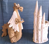 POTTERY DRAGON & CASTLE FIGURINES HAND MADE 9" T