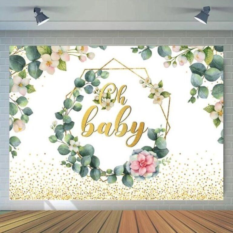 7X5FT Greenery Baby Shower Backdrop, Oh Baby