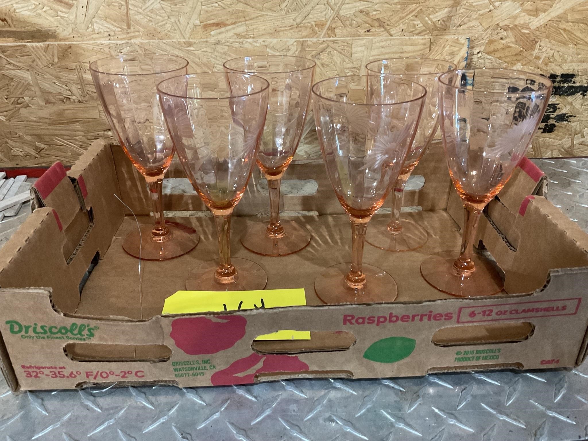 Pink depression glass etched wine glasses