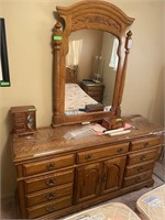 Oak Bedroom Set - Dresser & Mirror, King Headboard