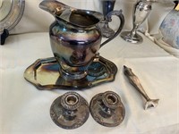 Silver Plate Pitcher & Candle Stick Holders