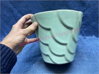 Vtg Alamo Pottery turquoise flower pot - 6in tall