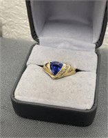 14k Gold Ring with Blue Stone & Diamonds