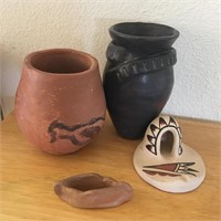 4 Native Pottery Pieces, Tallest is 6"