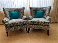 Matching Wing Back Chairs Blue Brocade Fabric