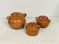 3 Medalta bean pots w/ lids - large pot cracked