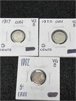 1902,1917,1920 Canadian 5 Cent Silver Coins