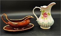 Brown Hull Pottery Gravy Boat & Tray &