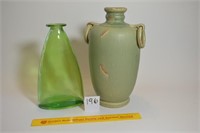 Two Vases - Green Glass Vase; Stoneware Vase