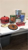 Tins, picture duck head vase and miscellaneous