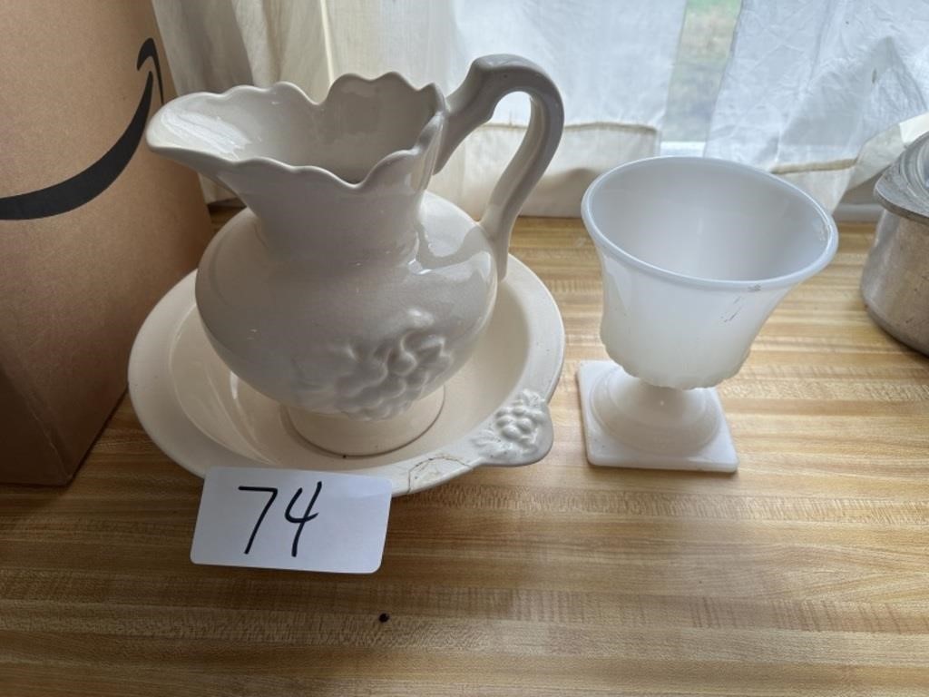 Wash Bowl & Pitcher, Milk Glass Vase