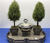 Faux Topiaries , Silver plate Tray , Bowl