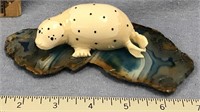 4" spotted seal ivory carving with inset baleen sp