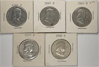 Lot of 5: Franklin Half Dollars