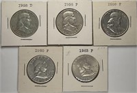 Lot of 5: Franklin Half Dollars