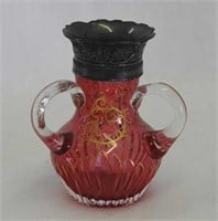 Cranberry decorated 4" 3 handled loving cup