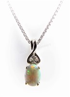 14K White Gold Opal, Diamond Pendant, Chain