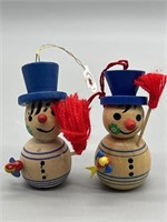Pair of Wooden Ornaments, Snowman and Snow Woman