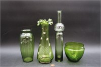 4 Unusual Shapes Green Art Glass Vases