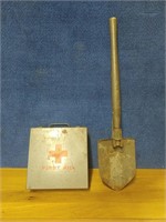 WW2 trench tool and vintage first aid kit